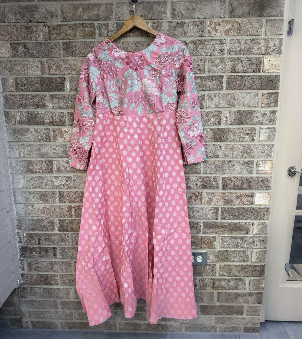 Ethnic Pink Jacquard Floral Embroidered Maxi Gown Small S South Asian Boho Flare